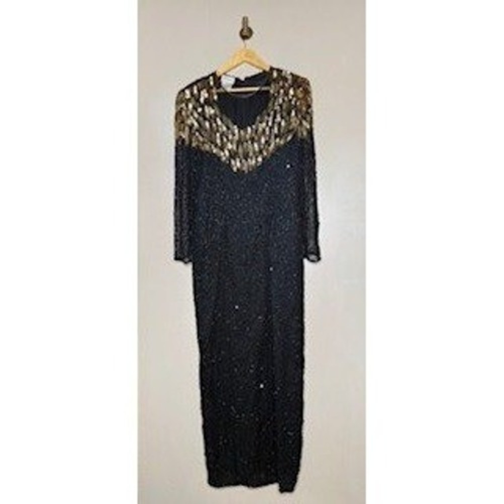 Vintage Stenay Black Silk Beaded Sequin Maxi Gown Gold Chevron Formal Dress 12